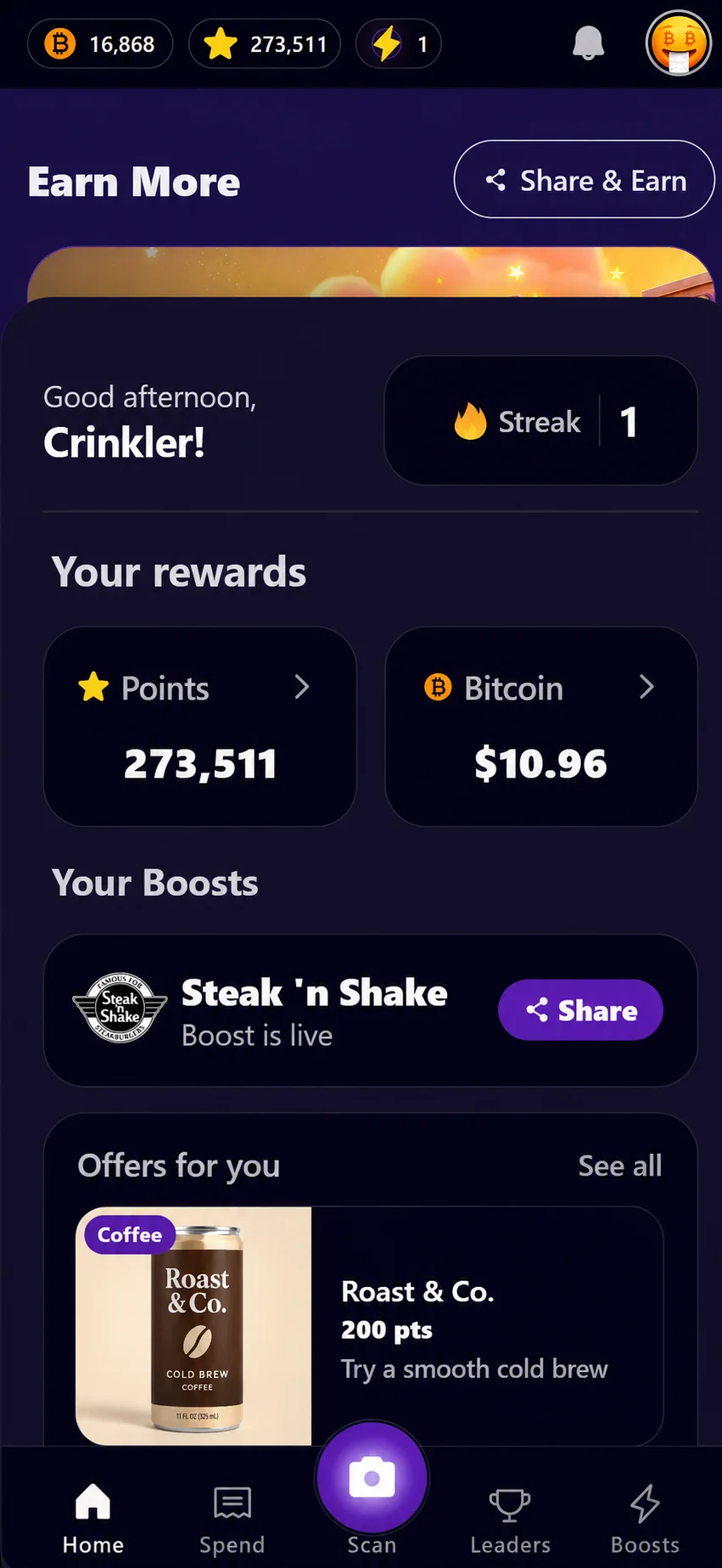 Crinkl app home screen